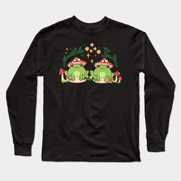 Kawaii CottageCore Aesthetic Couple of frogs with mushrooms Long Sleeve T-Shirt by Treasured Trends